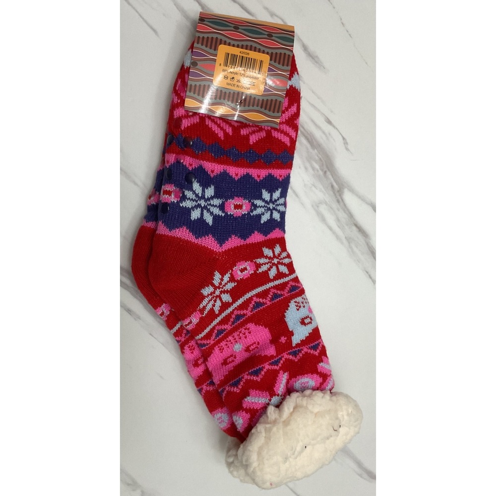 Sole Trends Red Fair Isle Sherpa Lined Floor Socks Non-Slip Slipper Socks 9-11 - Picture 5 of 5